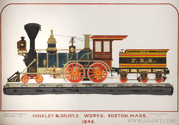 Locomotive, Mixed Media Painting, Hinkley & Dury's Works, Boston
Fitchburg Railroad
American, 19th Century, Signed T.F. Ramsay 1877 to 1888, entire view
